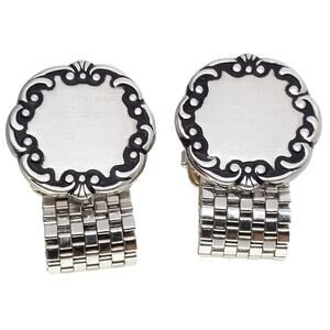 Silver & Gold Tone Cufflinks Engraved Mesh Wrap Sarah Coventry England Black